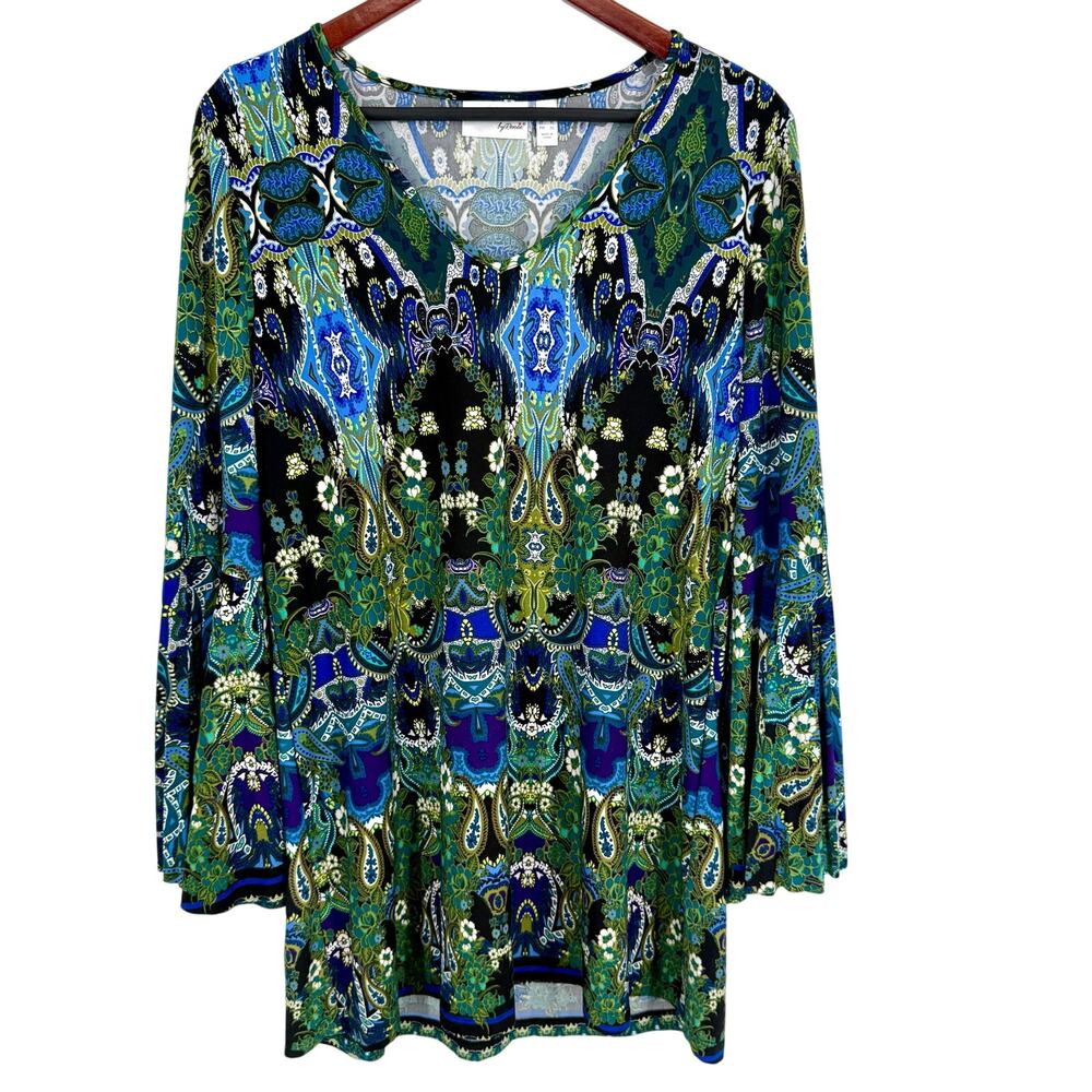 NEW NWOT Attitudes by Renee Large Stretchy Tropical Green Blouse Shirt Top